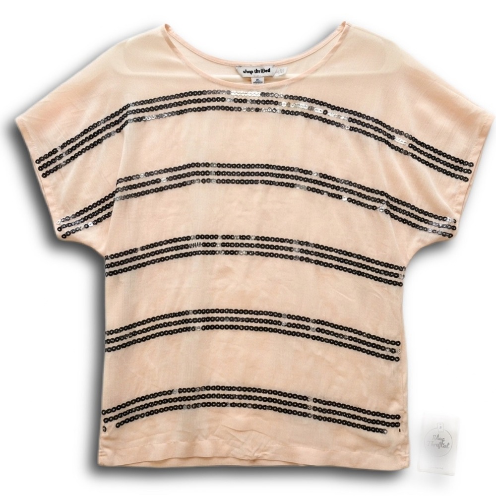 Candies Women Peach Sequin Striped Dolman Short Sleeve Blouse Size Medium